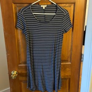 Blue and white striped scoop neck t shirt mini dress